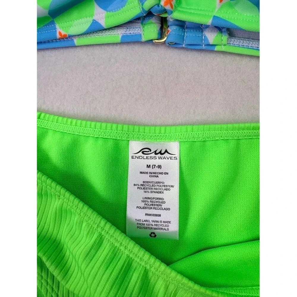 Endless Waves Bikini Set Womens M/L Neon Green Blue Geometric NWT UPF 50+ Ribbed